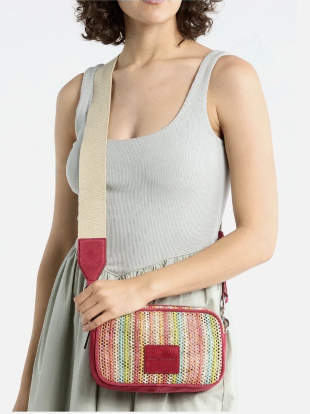 New Marc Jacobs Camera Bag Crossbody Woven Raffia Rhubarb Multi